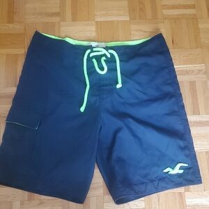 Vintage Hollister Dark Blue Board Shorts with Neon Green Trim